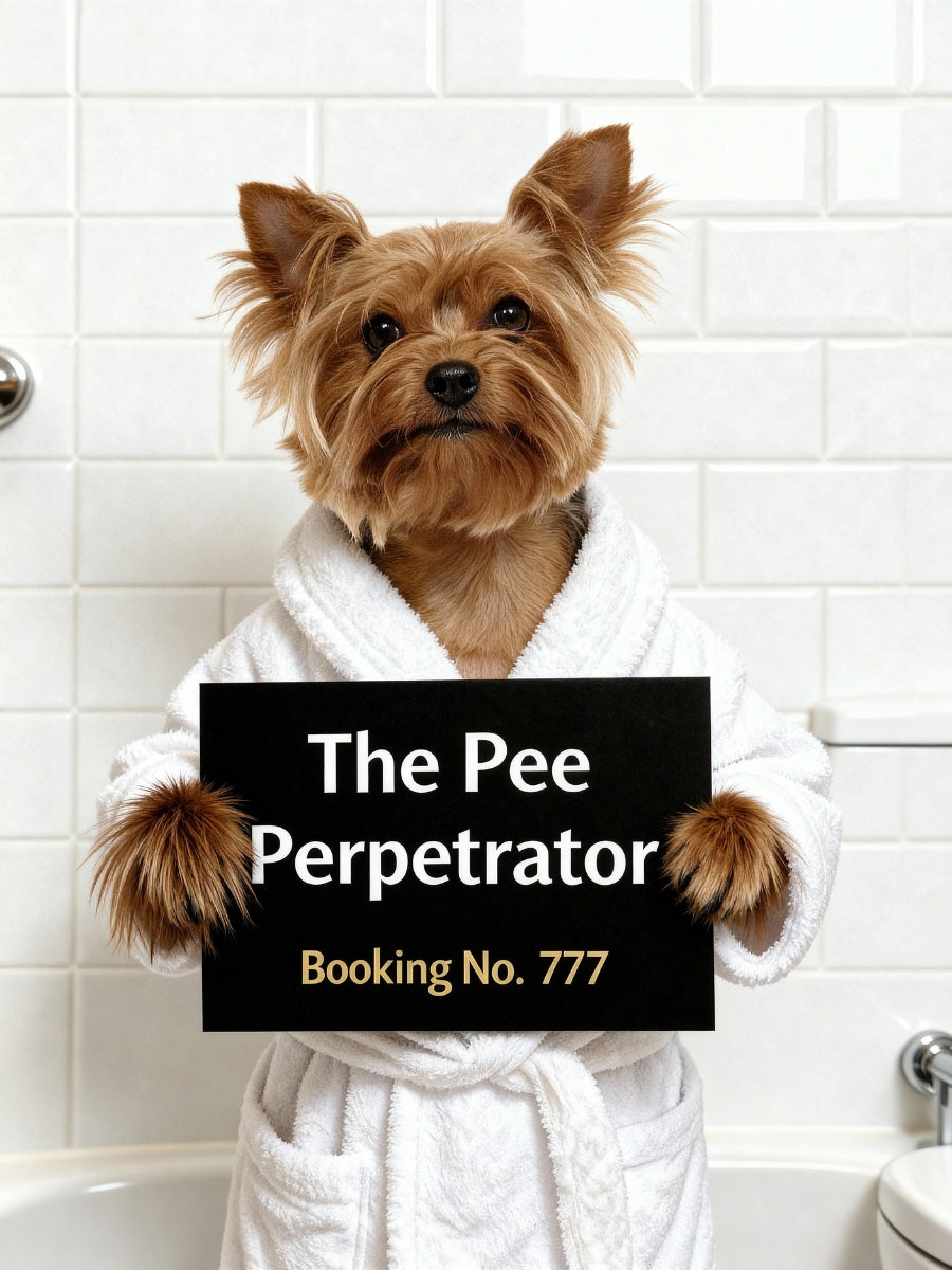 Funny personalized dog bathroom art featuring Yorkshire Terrier in bathrobe holding 'The Pee Perpetrator' sign – custom pet portrait for bathroom decor.