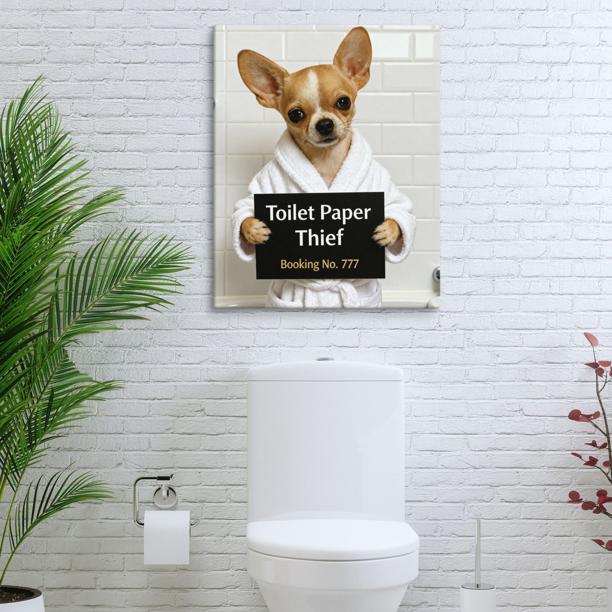 Canvas print of a dog holding a sign that says 'Toilet Paper Thief' above a toilet.