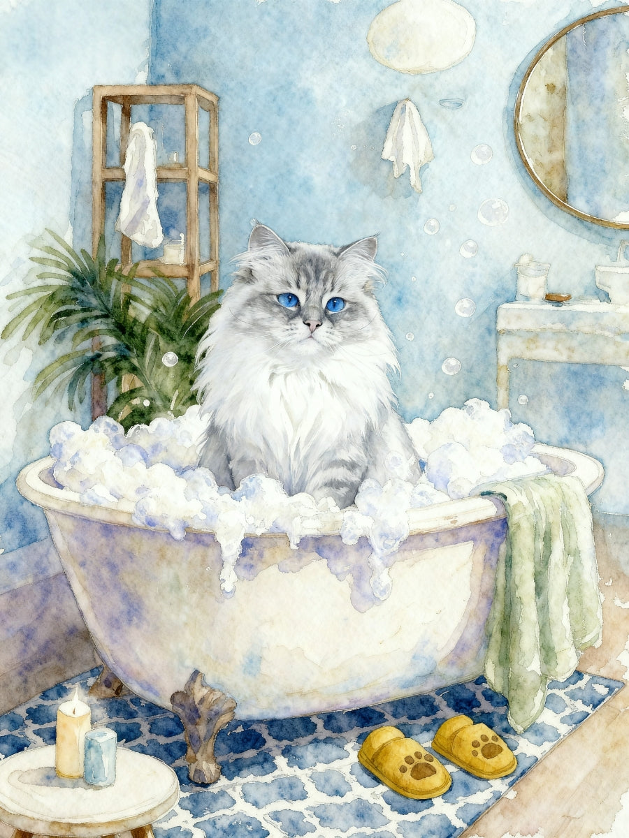Pet bathroom portrait featuring a cat surrounded by bubbles and cozy bathroom decor in a whimsical watercolor scene.