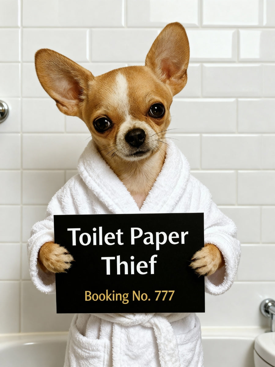 Personalized dog bathroom art featuring Chihuahua in bathrobe holding 'Toilet Paper Thief' sign – funny custom pet portrait for bathroom decor.