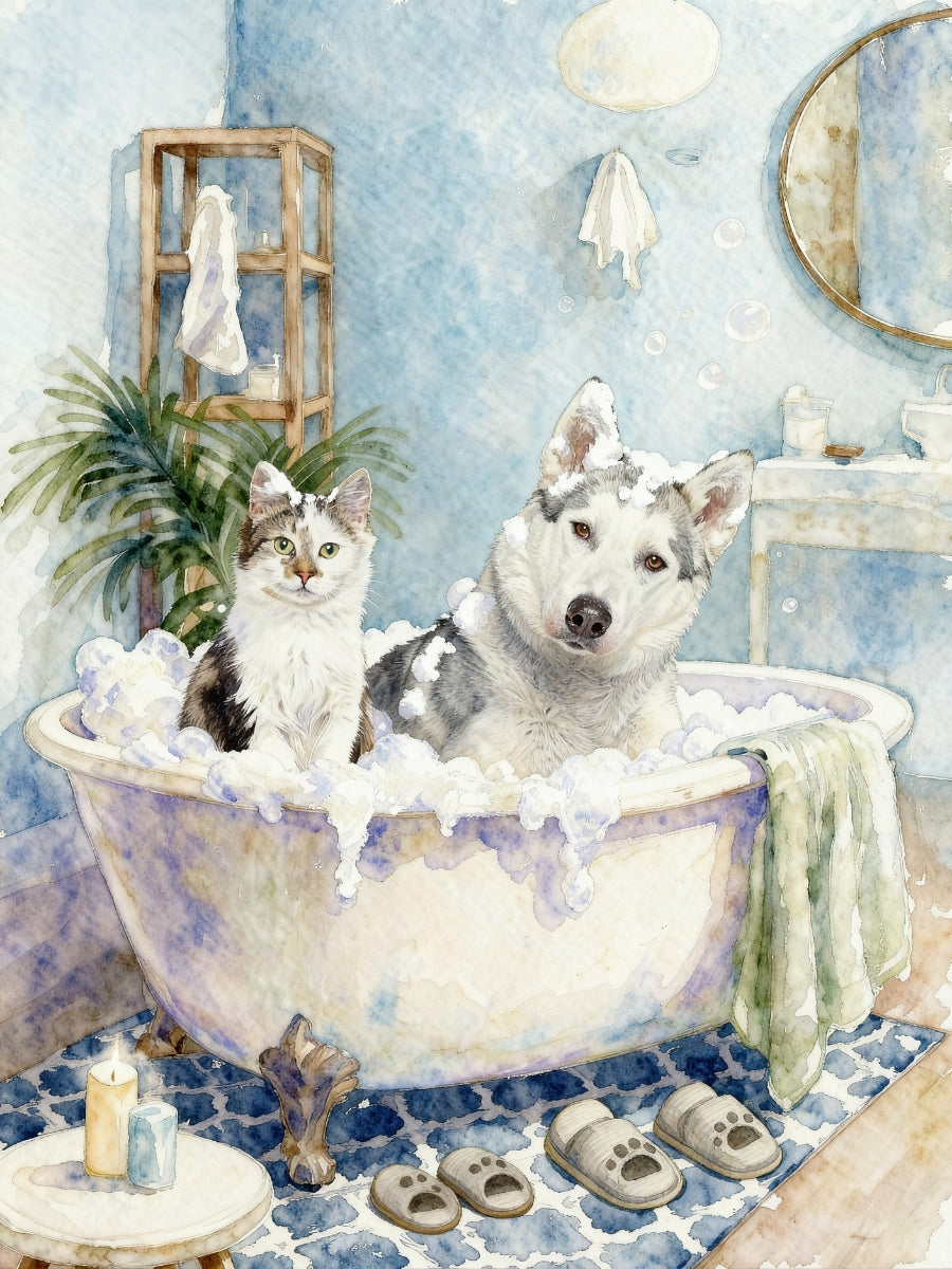 Dog bathroom portrait featuring a dog and a cat sitting in a vintage-style bathtub surrounded by bubbles and cozy bathroom decor in a whimsical watercolor scene.