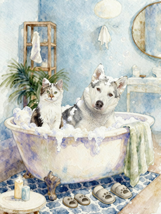 Dog bathroom portrait featuring a dog and a cat sitting in a vintage-style bathtub surrounded by bubbles and cozy bathroom decor in a whimsical watercolor scene.