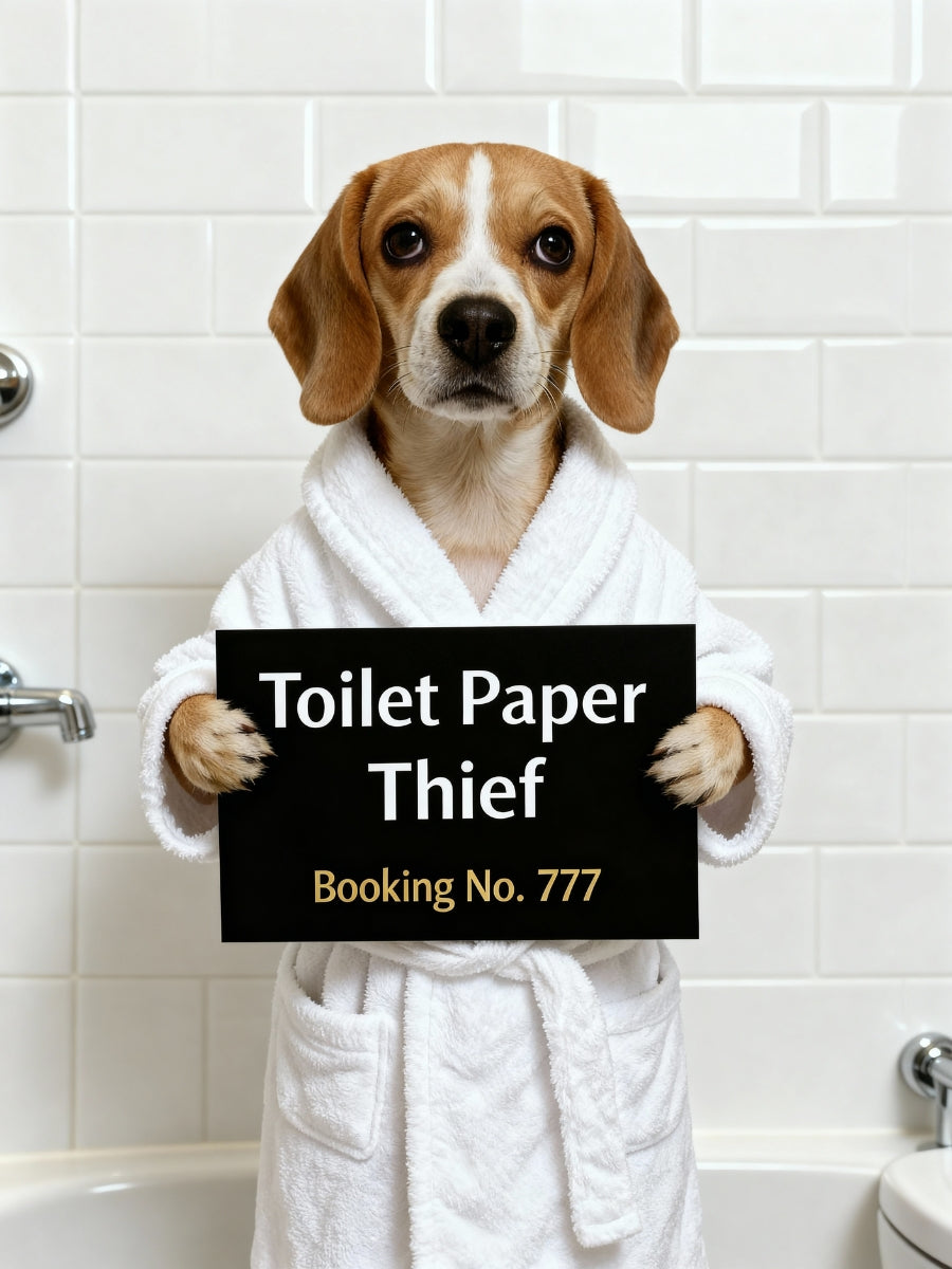 Funny personalized dog bathroom art featuring dog in bathrobe holding 'Toilet Paper Thief' sign – custom pet portrait for modern bathroom wall decor.