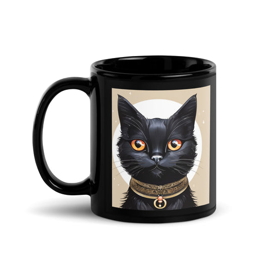 A sleek black coffee mug adorned with a playful, whimsical black cat illustration.