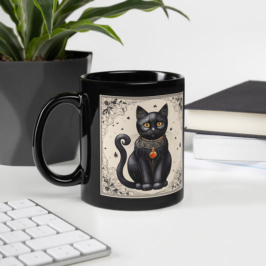 Whimsical Black Cat - Black Glossy Mug