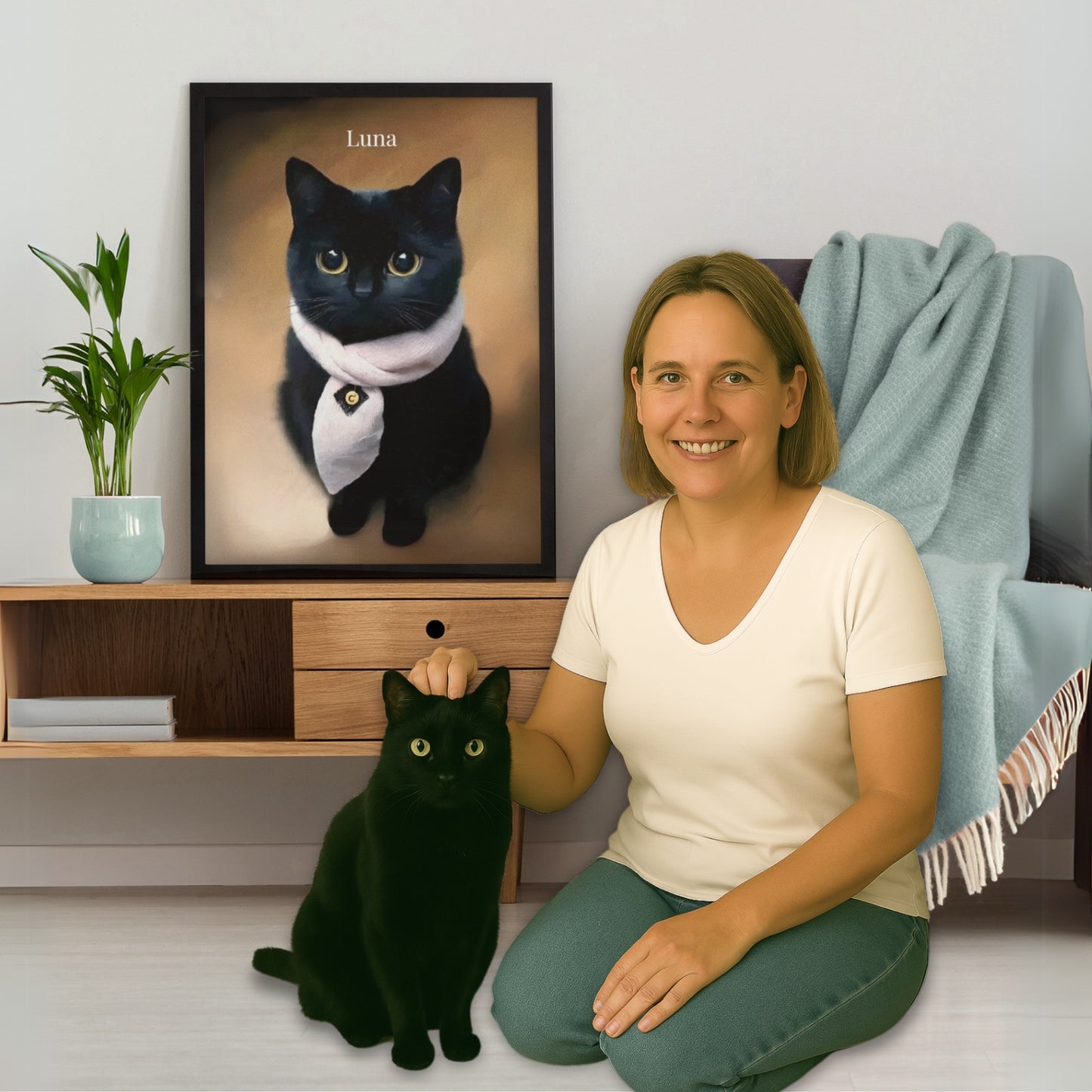 A woman sits on the floor, gently touching her black cat’s head, while its oil-painted portrait hangs on the wall behind them.