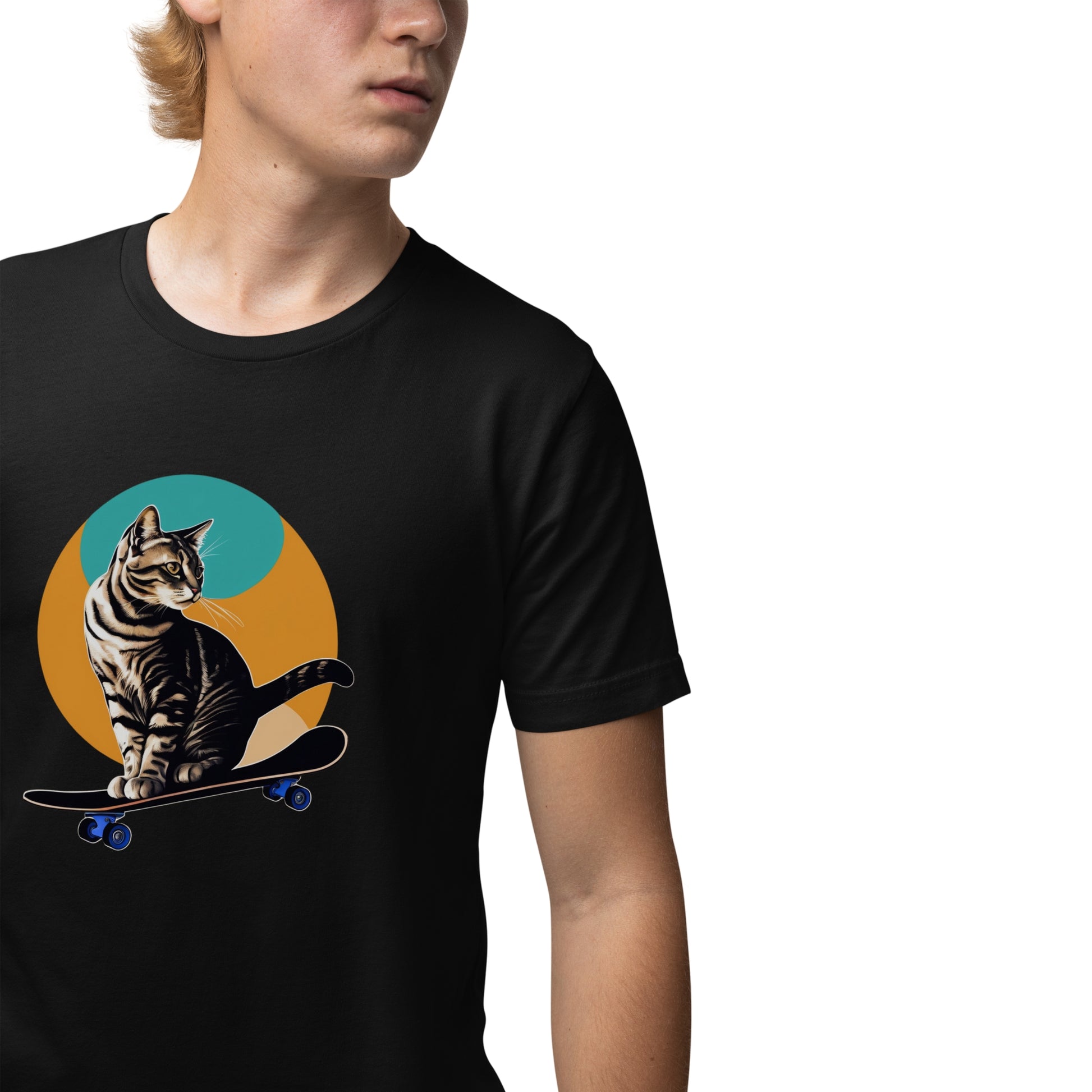 Close up of a man wearing a black short-sleeve cool cat shirt featuring a playful skateboarding cat graphic, showcasing a fun and casual style.