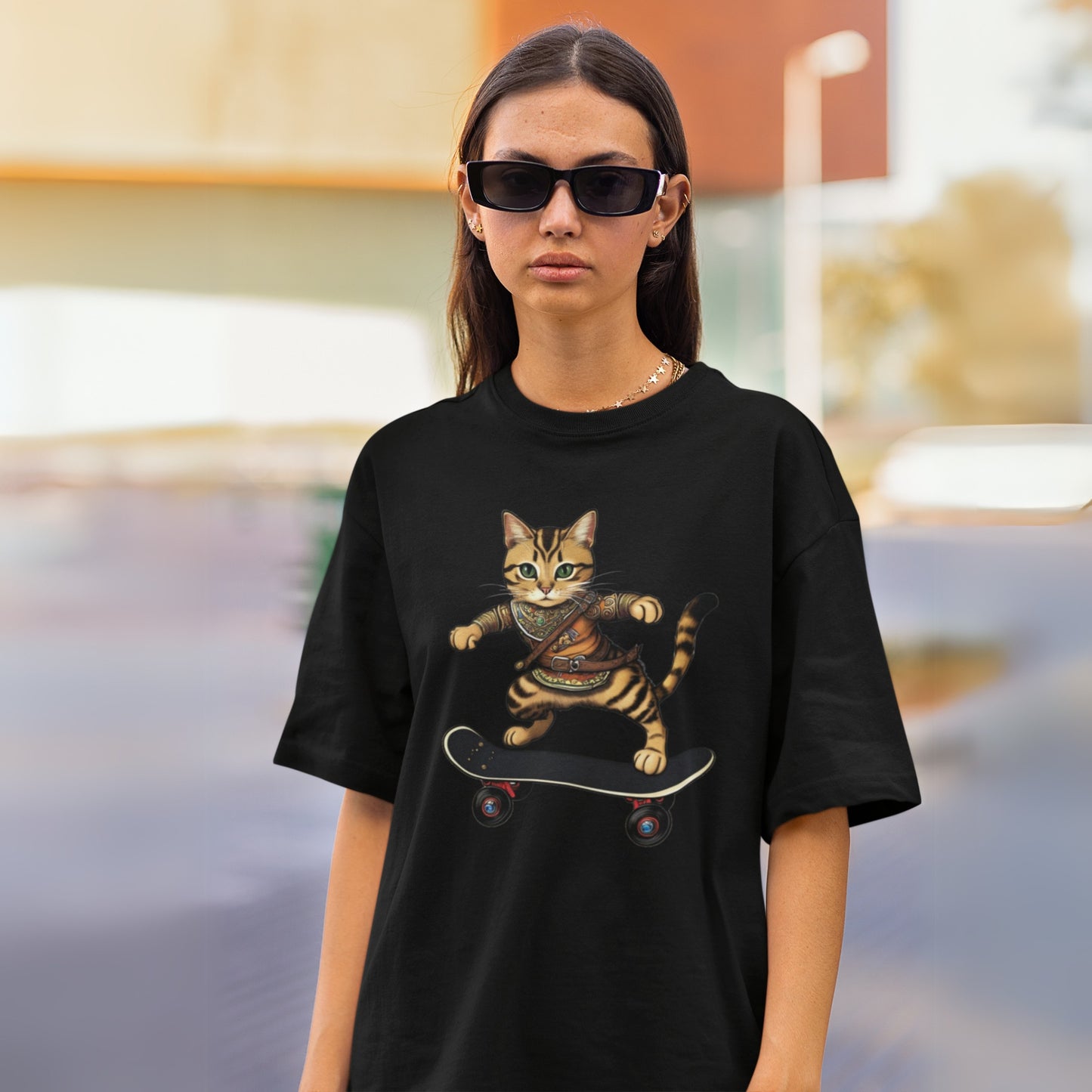 Young woman wearing a short-sleeve black cotton cool cat shirt featuring an Epic Skater Cat design.
