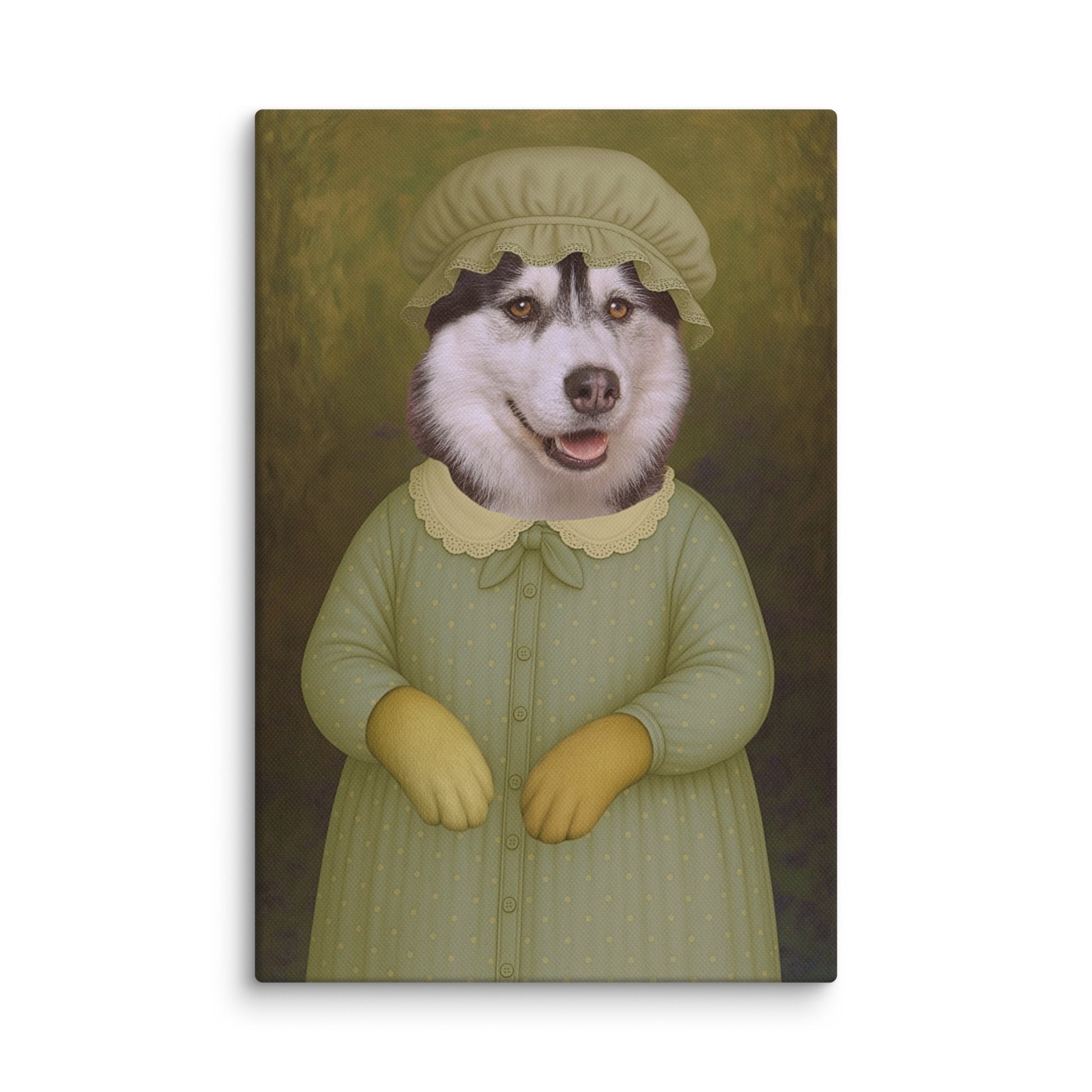 A portrait of a Husky dog dressed as Granny Wolf, wearing vintage-style clothing with intricate details, evoking a whimsical and nostalgic feel.