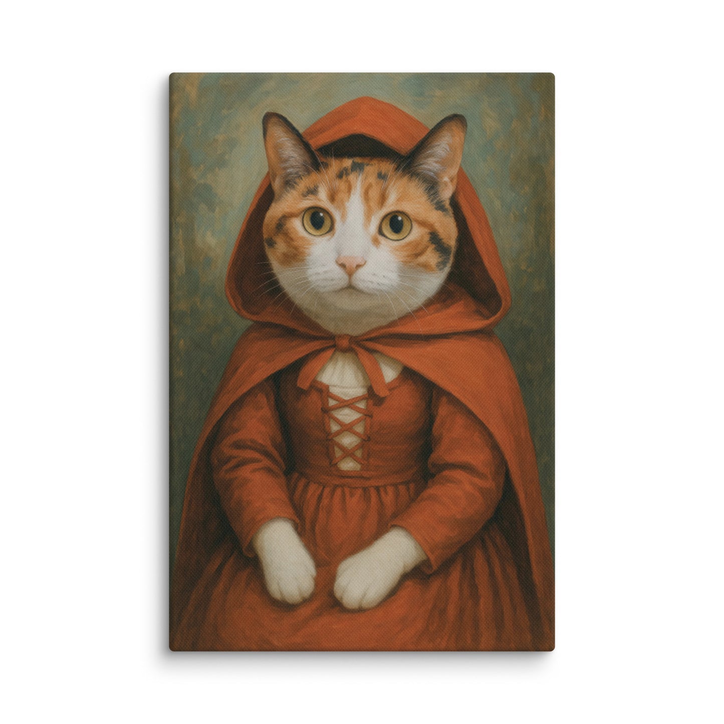 Vintage-style portrait of a cat dressed in a red hooded cloak and lace-up dress, inspired by Little Red Riding Hood. Whimsical and fairy-tale themed artwork.