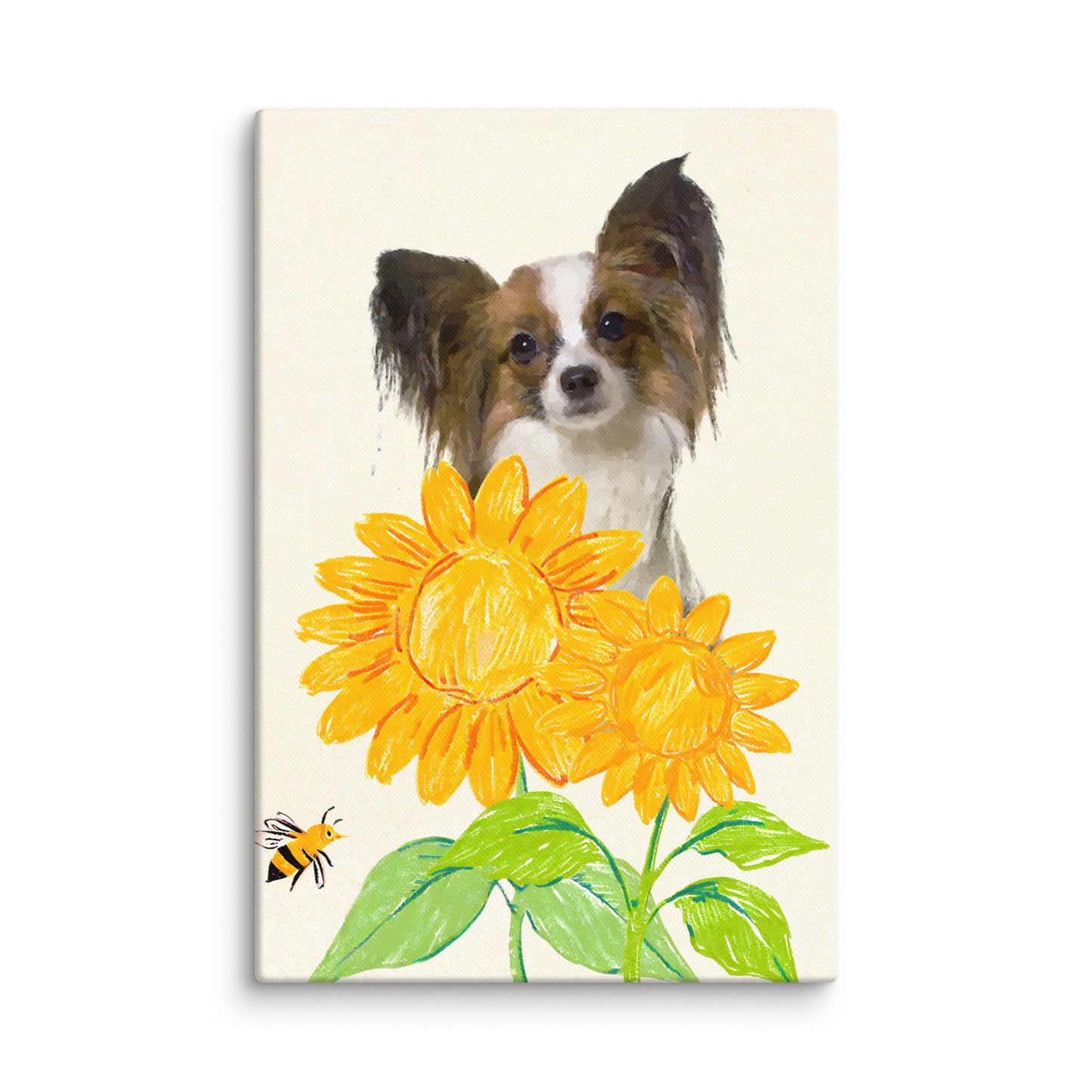Minimalist crayon-style pet portrait of a Papillon dog surrounded by bright yellow sunflowers and a bee, set against a light canvas.