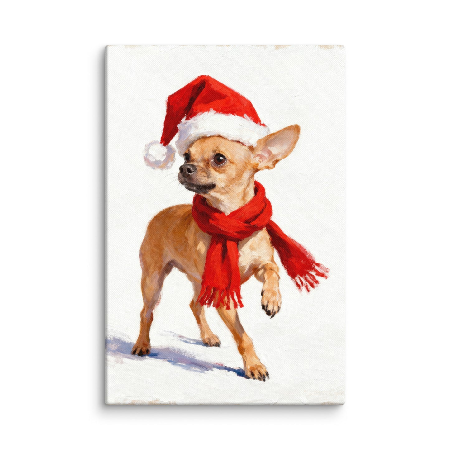Whimsical Christmas Chihuahua portrait with red Santa hat and scarf on snowy white background.