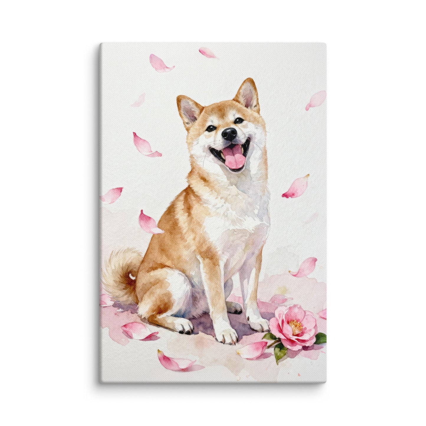Watercolor Shiba Inu pet portrait with soft pink camellia petals, minimal background, and joyful expression.