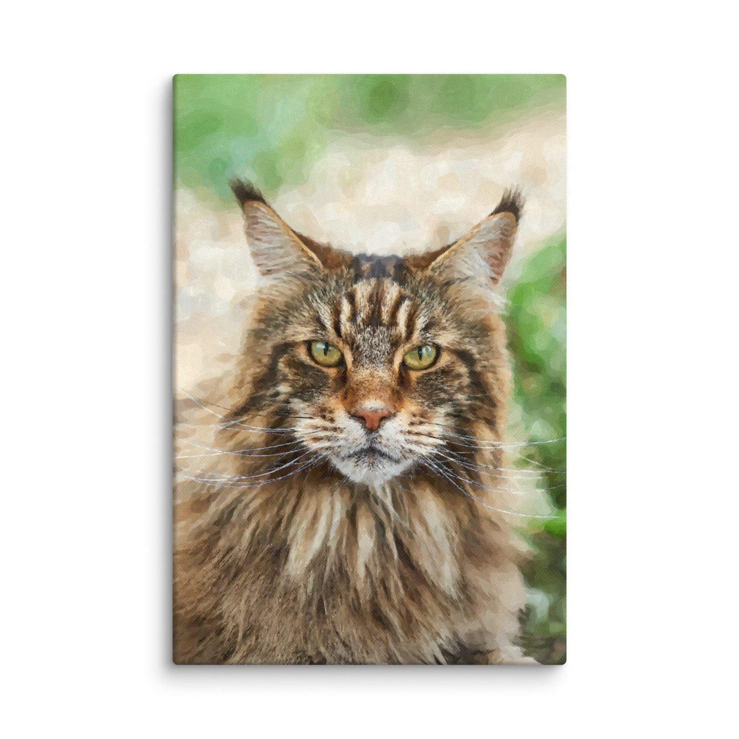 Watercolor portrait of a brown Maine Coon cat with vivid green eyes.