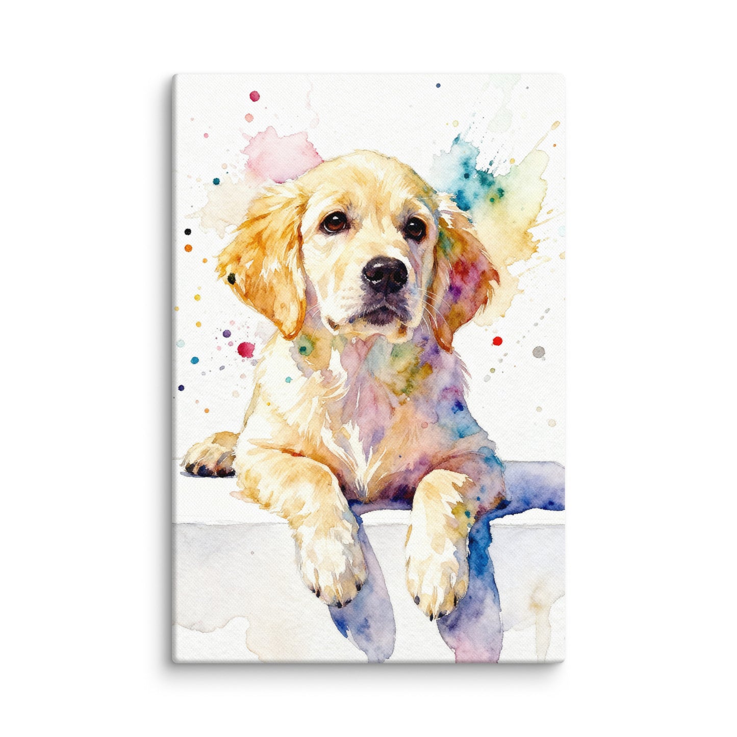 Modern minimalist watercolor pet portrait of a puppy with soft brushstrokes on a clean white background.