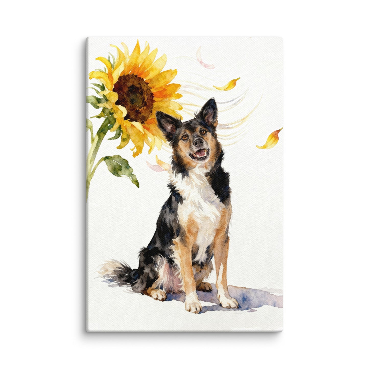 Custom watercolor sunflower pet portrait of a smiling dog with floating pink and yellow petals, painted on white background.