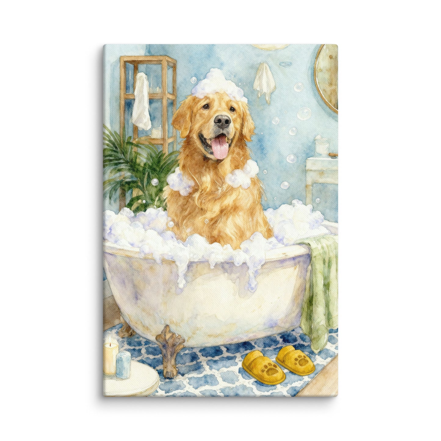 Dog bathroom portrait featuring a pet sitting in a vintage-style bathtub surrounded by bubbles and cozy bathroom decor in a whimsical watercolor scene.