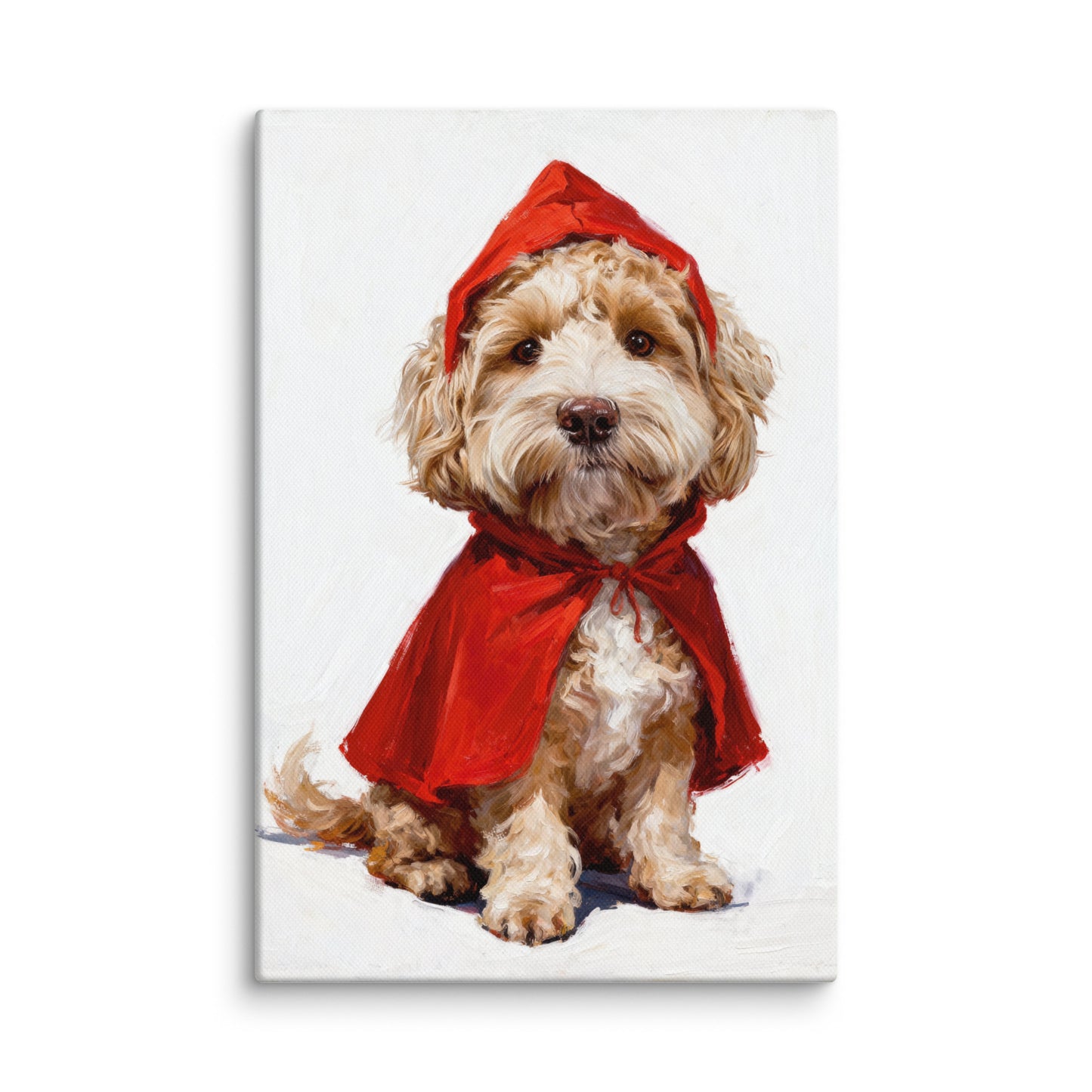 Custom pet portrait of a small dog in a red riding hood cape, whimsical fairy tale costume for personalized pet artwork.