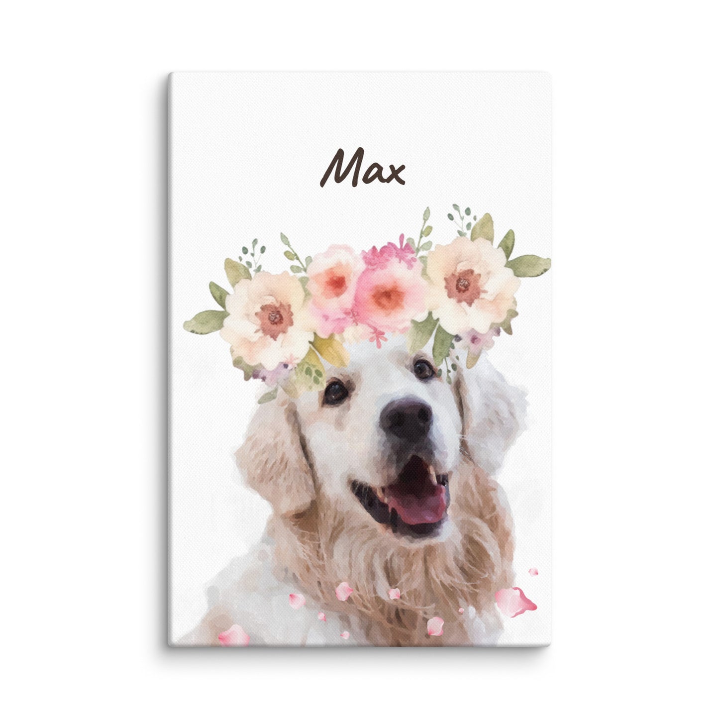 Watercolor dog portrait of Max wearing a pink flower crown, with his name below the image in cursive.