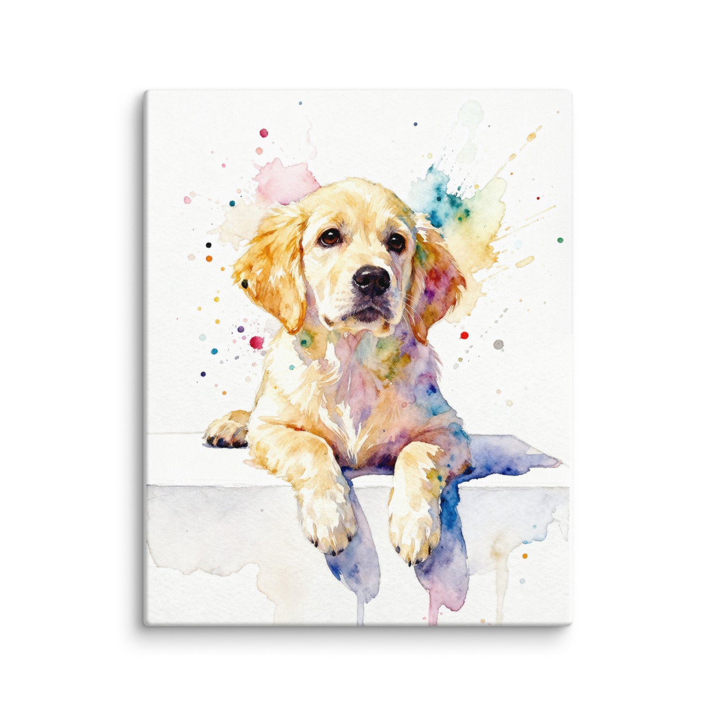 Modern minimalist watercolor pet portrait of a puppy with soft brushstrokes on a clean white background.