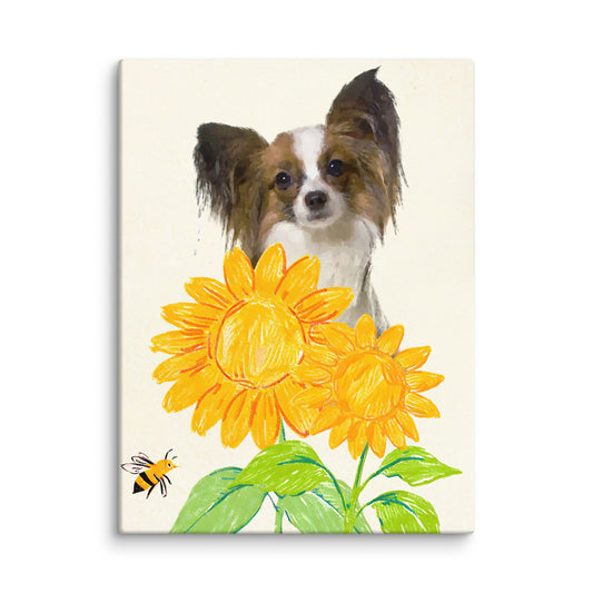 Minimalist crayon-style pet portrait of a Papillon dog surrounded by bright yellow sunflowers and a bee, set against a light canvas.