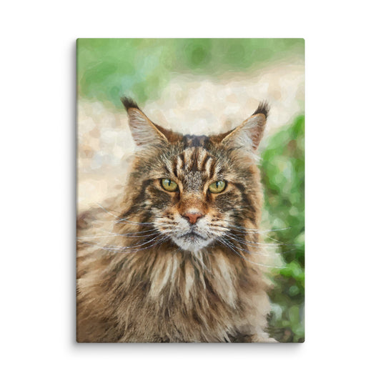 Watercolor portrait of a brown Maine Coon cat with vivid green eyes.