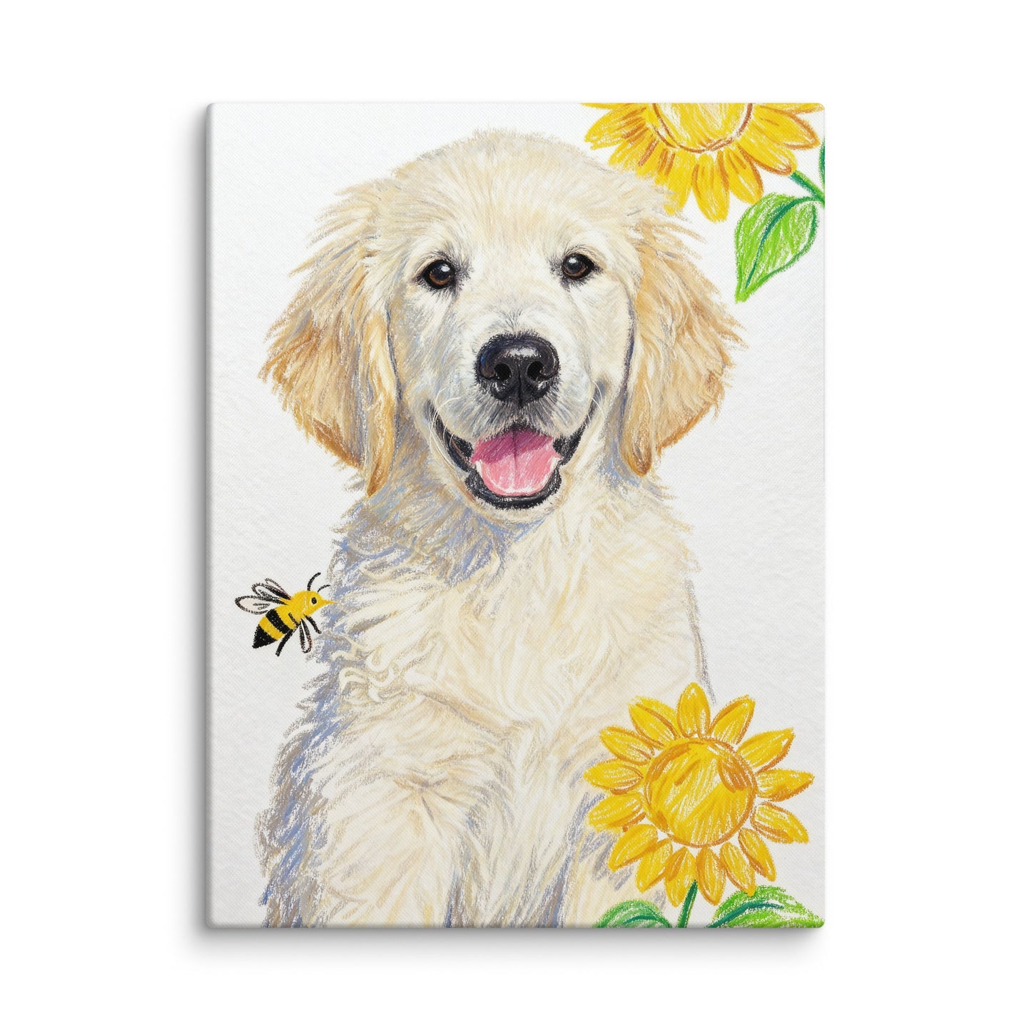 Crayon-style pet portrait canvas with sunflowers and bee.