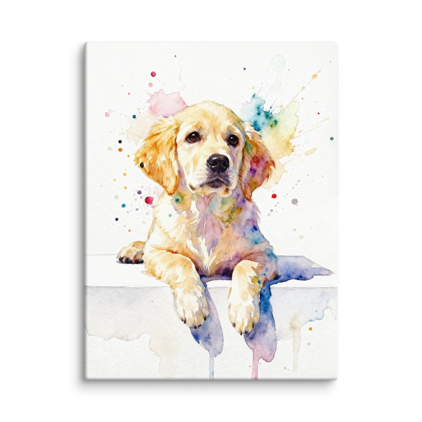 Modern minimalist watercolor pet portrait of a puppy with soft brushstrokes on a clean white background.