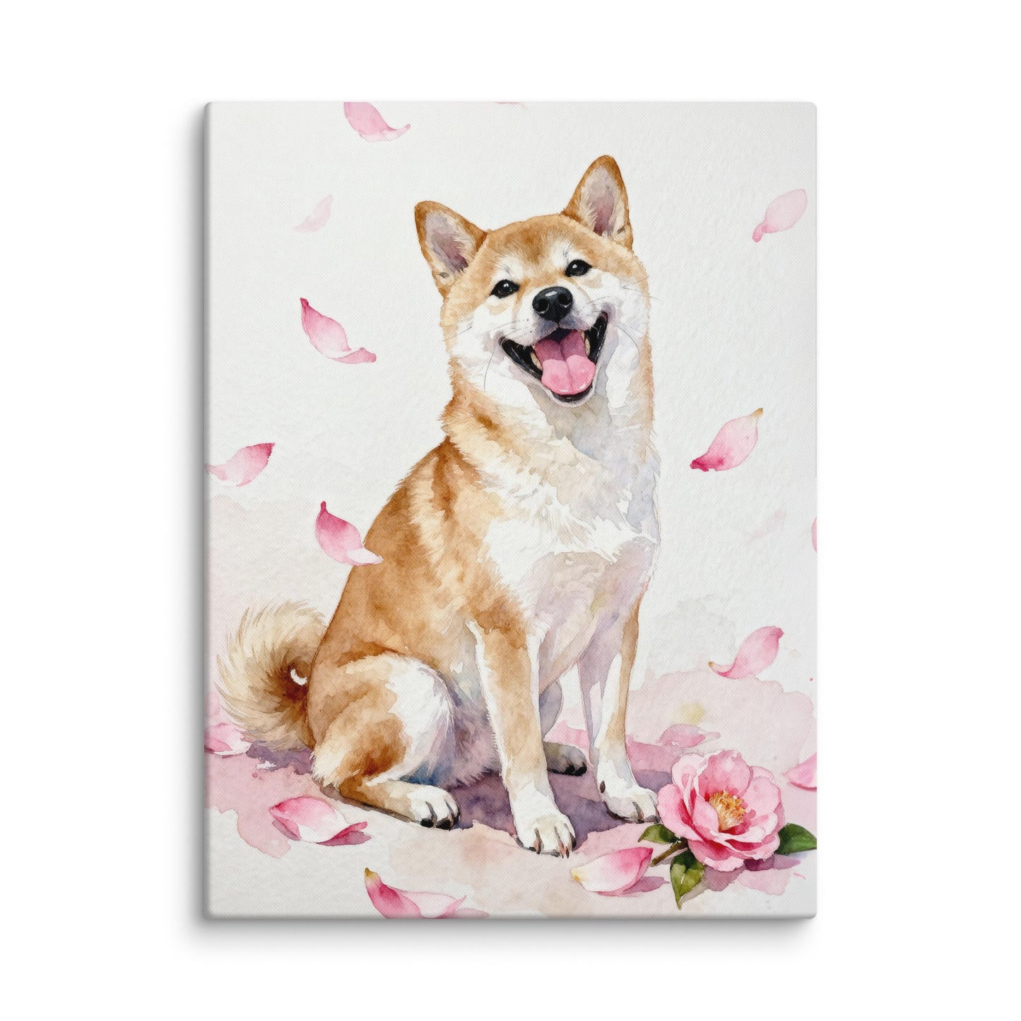 Watercolor Shiba Inu pet portrait with soft pink camellia petals, minimal background, and joyful expression.