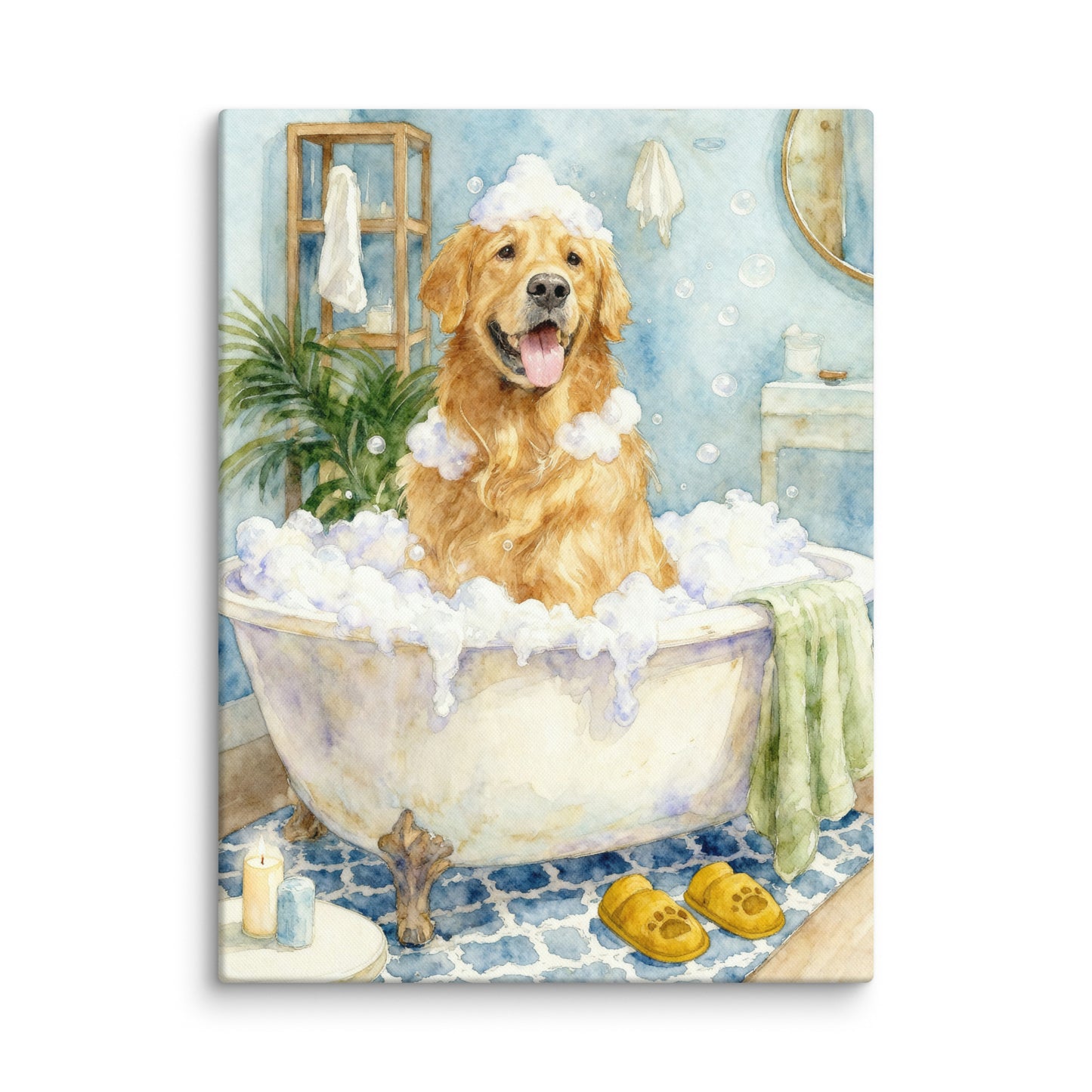 Dog bathroom portrait featuring a pet sitting in a vintage-style bathtub surrounded by bubbles and cozy bathroom decor in a whimsical watercolor scene.
