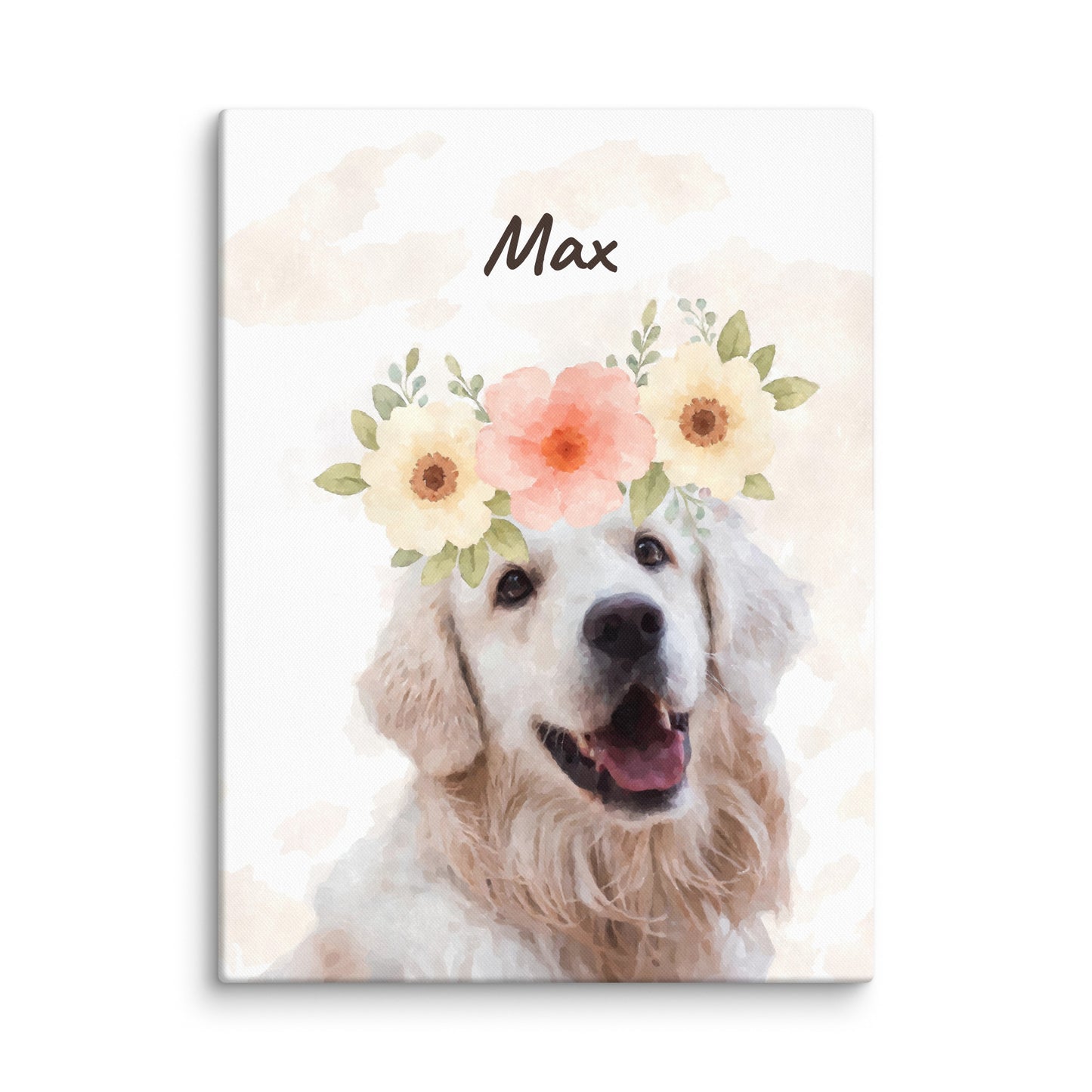 Watercolor pet portrait of a dog named Max with a pink and white flower crown, surrounded by floating petals. Her name appears in cursive on the top.