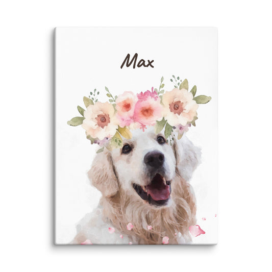 Watercolor dog portrait of Max wearing a pink flower crown, with his name below the image in cursive.