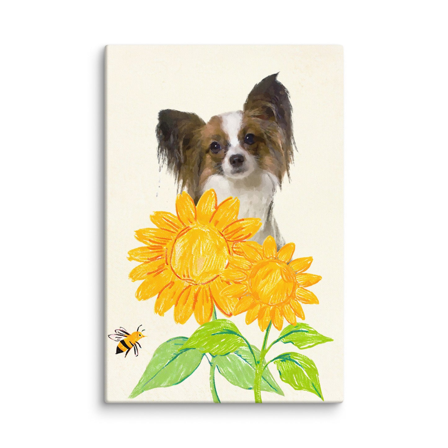 Minimalist crayon-style pet portrait of a Papillon dog surrounded by bright yellow sunflowers and a bee, set against a light canvas.