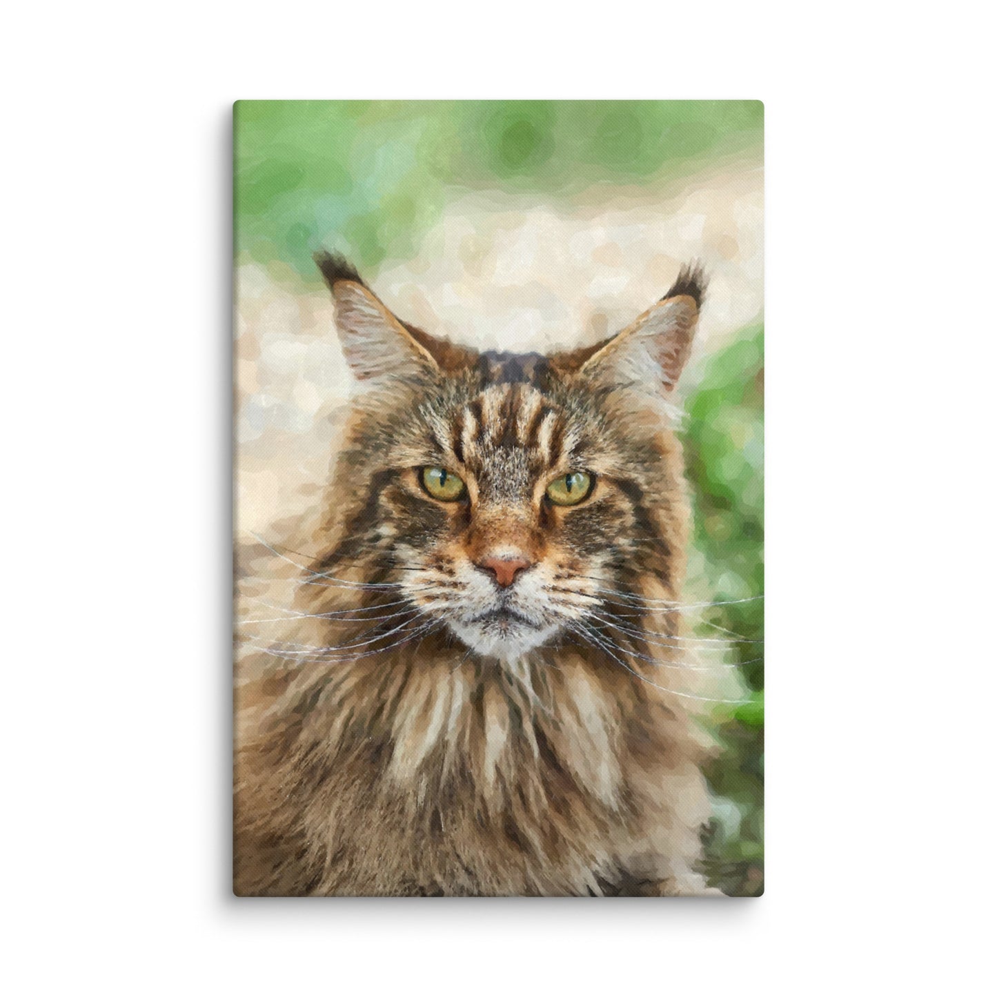 Watercolor portrait of a brown Maine Coon cat with vivid green eyes.