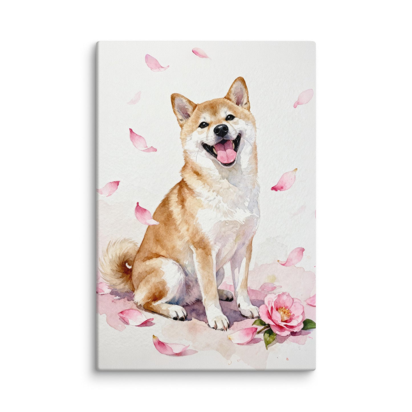 Watercolor Shiba Inu pet portrait with soft pink camellia petals, minimal background, and joyful expression.