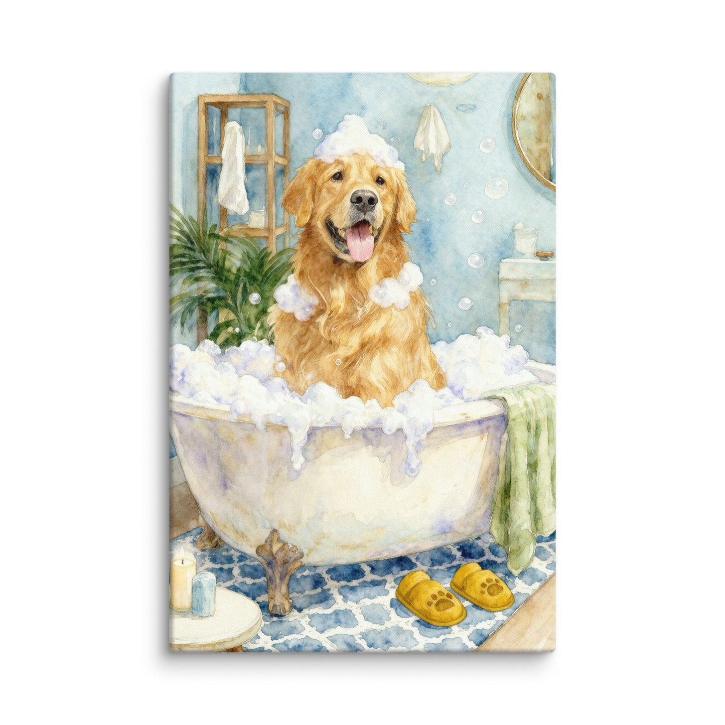 Dog bathroom portrait featuring a pet sitting in a vintage-style bathtub surrounded by bubbles and cozy bathroom decor in a whimsical watercolor scene.