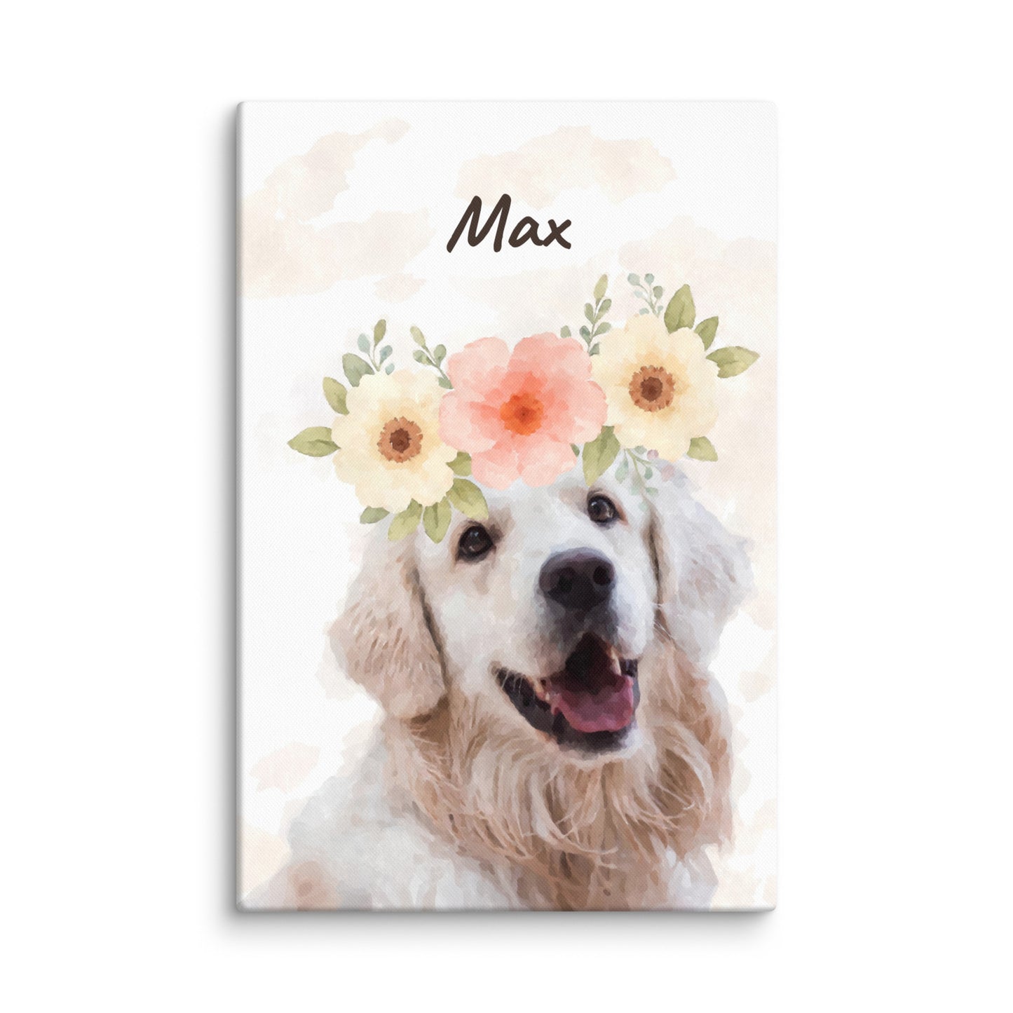Watercolor pet portrait of a dog named Max with a pink and white flower crown, surrounded by floating petals. Her name appears in cursive on the top.