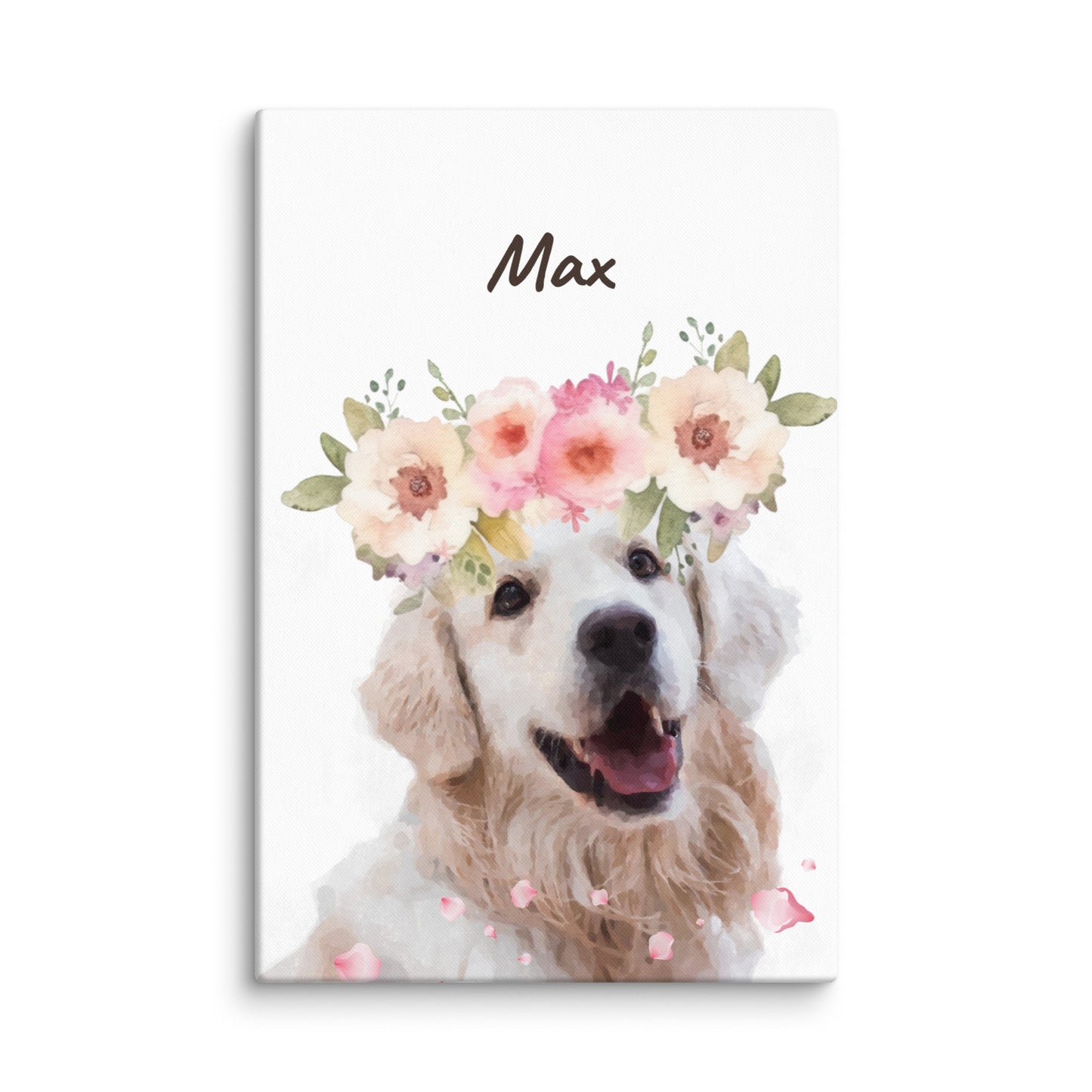 Watercolor dog portrait of Max wearing a pink flower crown, with his name below the image in cursive.