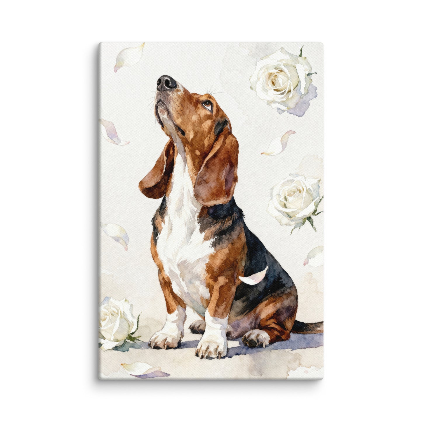 Custom watercolor pet portrait canvas featuring a dog with white roses and pastel petals in a minimalist floral design.