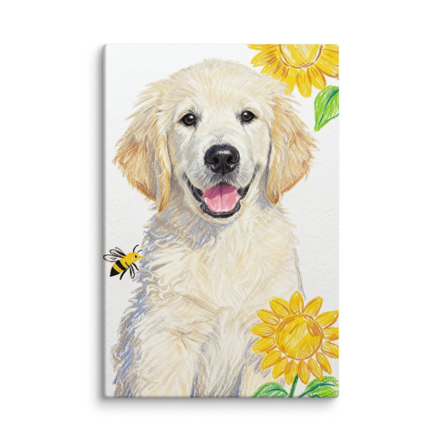 Crayon-style pet portrait canvas with sunflowers and bee.
