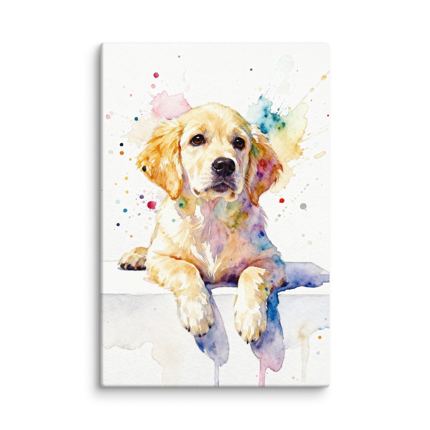 Modern minimalist watercolor pet portrait of a puppy with soft brushstrokes on a clean white background.