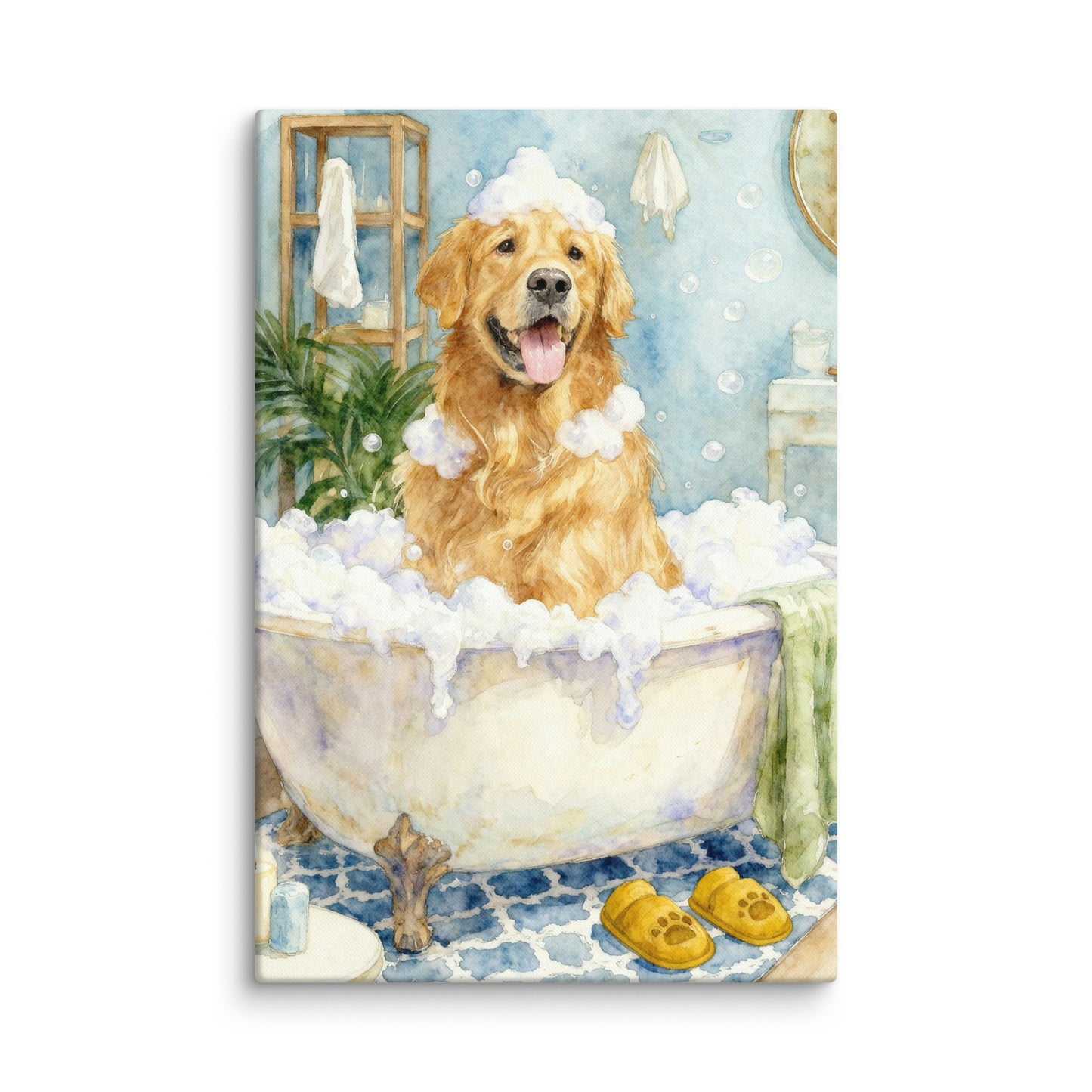 Dog bathroom portrait featuring a pet sitting in a vintage-style bathtub surrounded by bubbles and cozy bathroom decor in a whimsical watercolor scene.