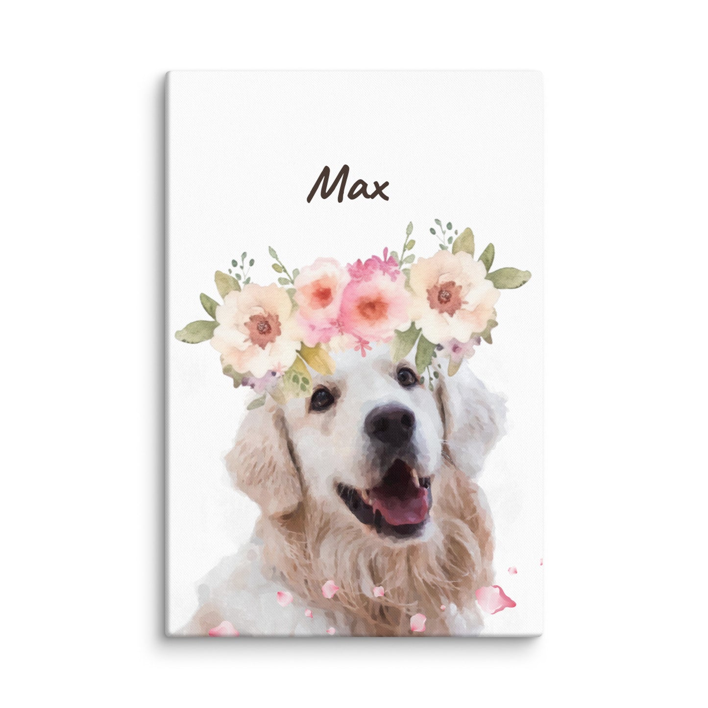 Watercolor dog portrait of Max wearing a pink flower crown, with his name below the image in cursive.