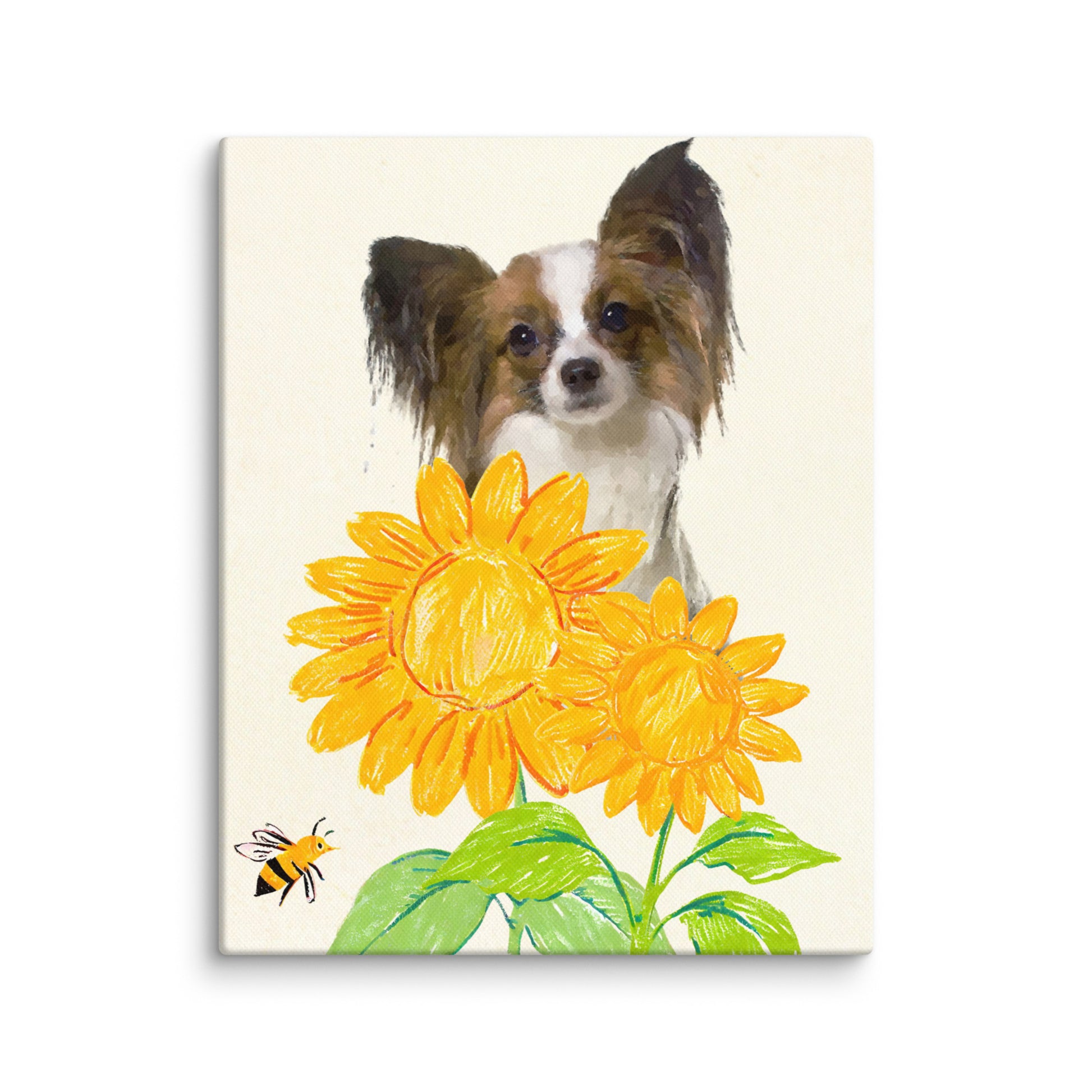 Minimalist crayon-style pet portrait of a Papillon dog surrounded by bright yellow sunflowers and a bee, set against a light canvas.