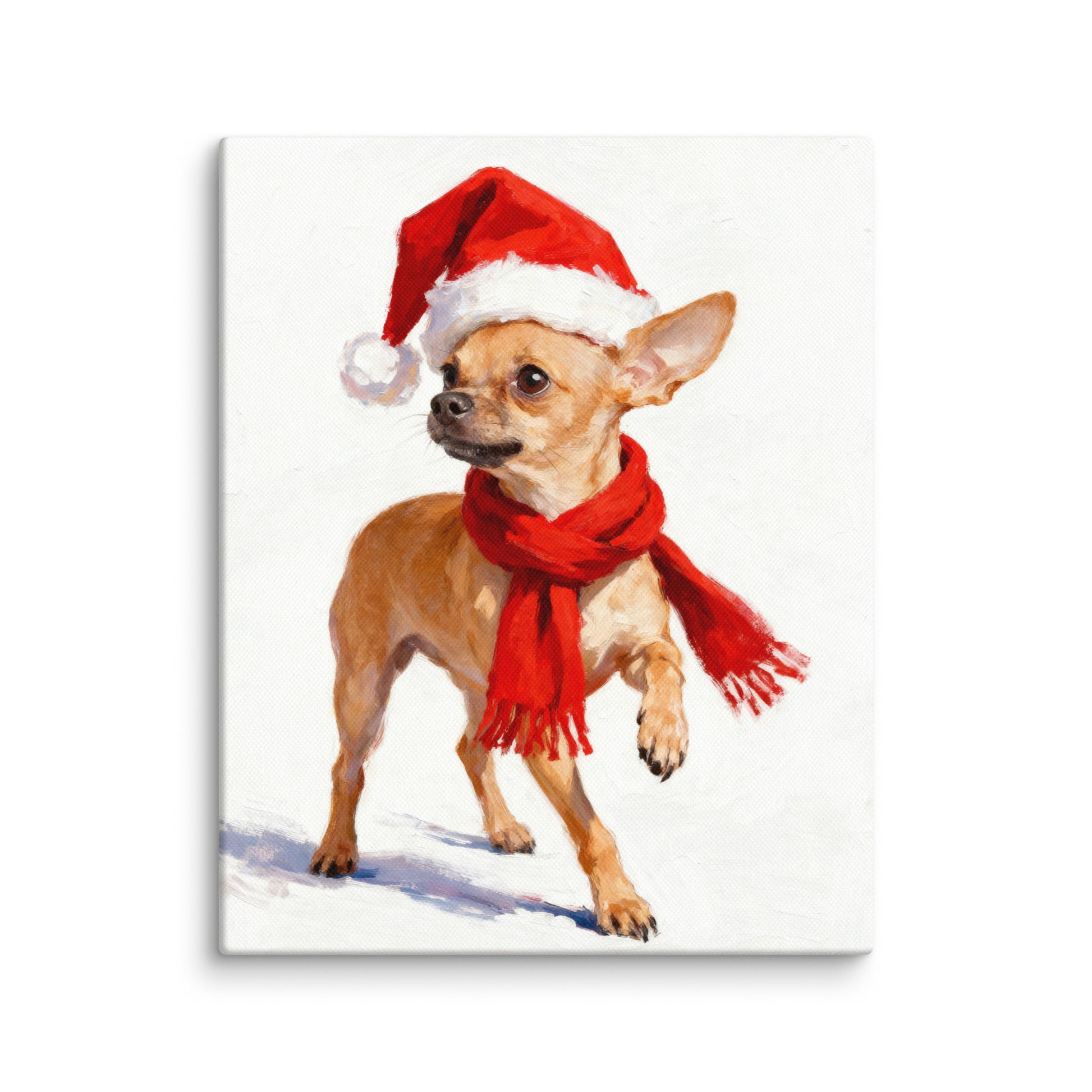 Whimsical Christmas Chihuahua portrait with red Santa hat and scarf on snowy white background.