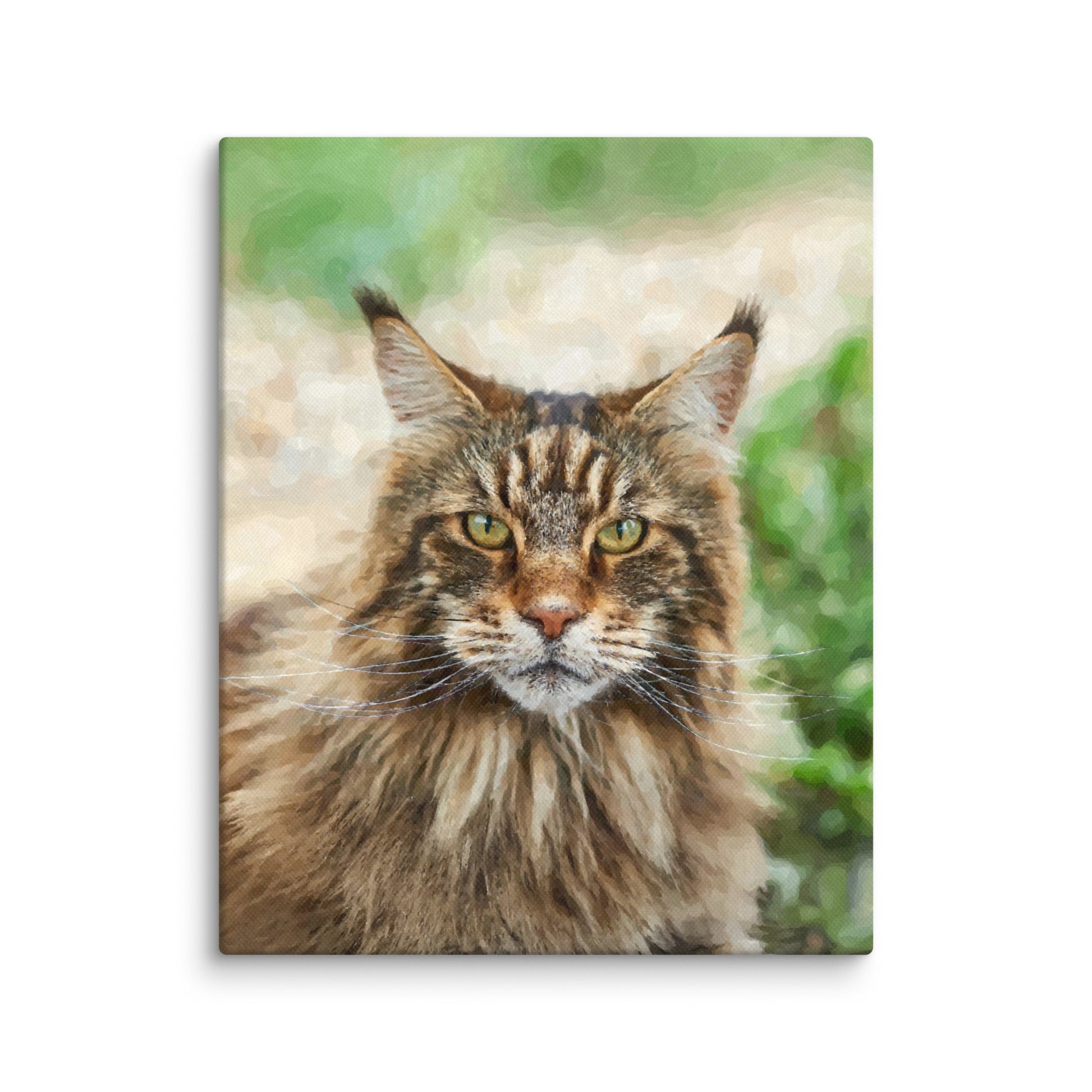 Watercolor portrait of a brown Maine Coon cat with vivid green eyes.