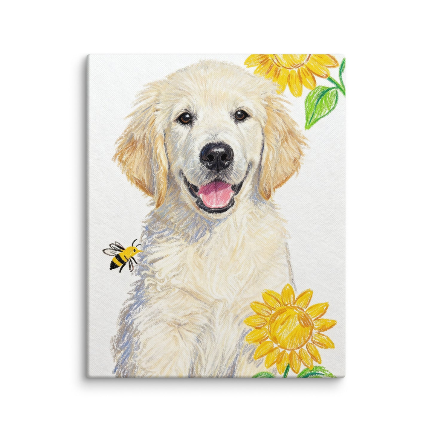Crayon-style pet portrait canvas with sunflowers and bee.