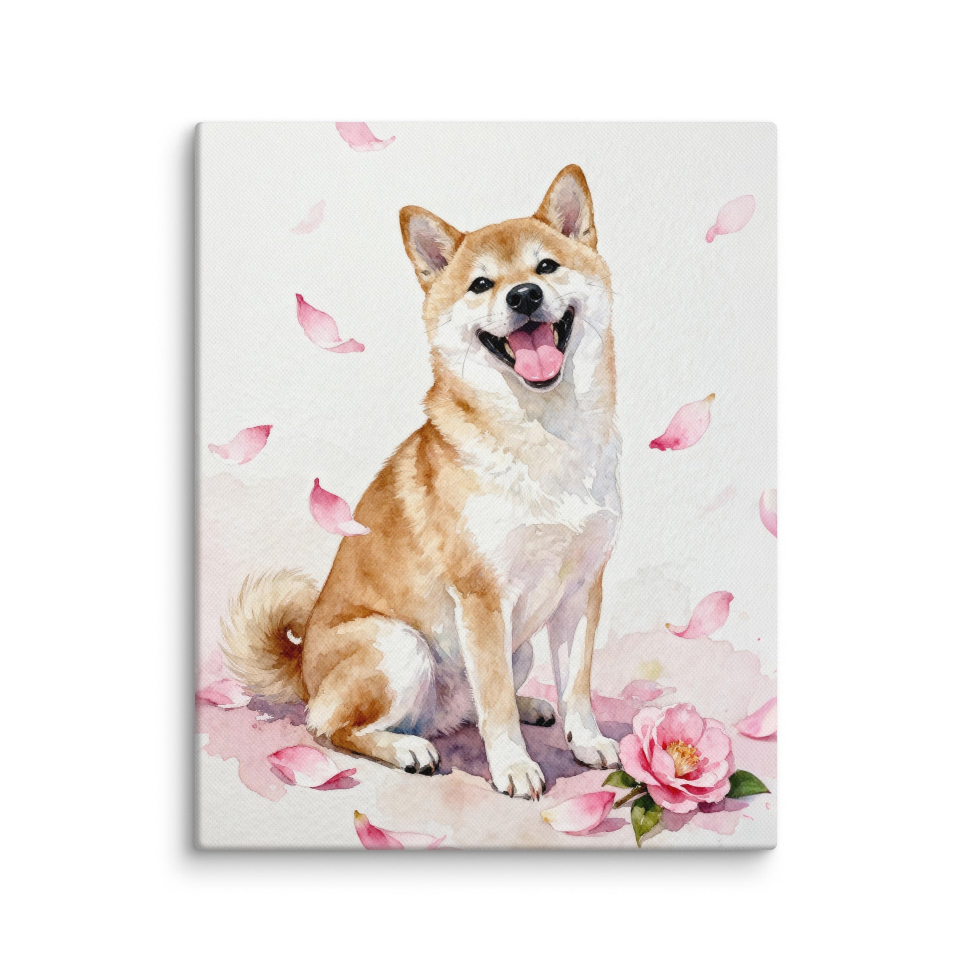 Watercolor Shiba Inu pet portrait with soft pink camellia petals, minimal background, and joyful expression.
