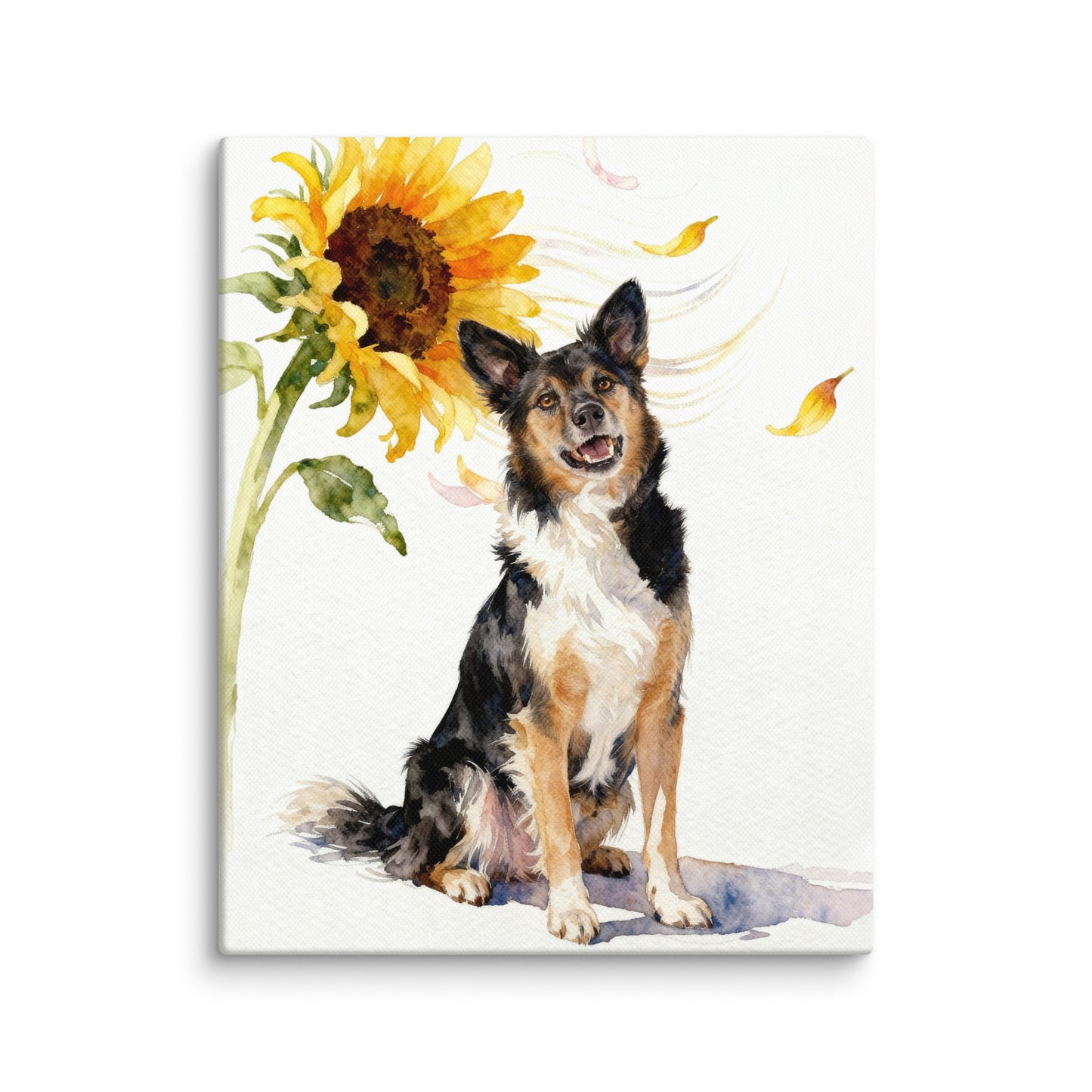 Custom watercolor sunflower pet portrait of a smiling dog with floating pink and yellow petals, painted on white background.