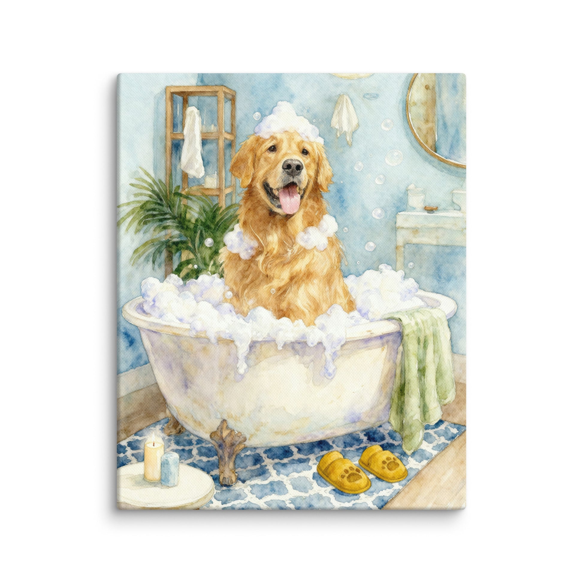 Dog bathroom portrait featuring a pet sitting in a vintage-style bathtub surrounded by bubbles and cozy bathroom decor in a whimsical watercolor scene.
